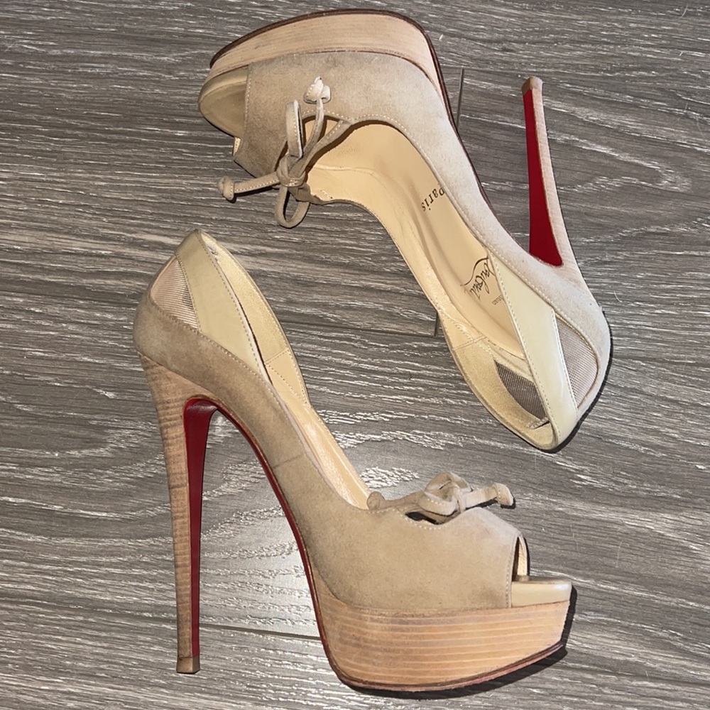 ☀️SOLD☀️Christian Louboutin Mavela Bow Mesh Pump Open Toe Platform Size 36.5 - Picture 6 of 14